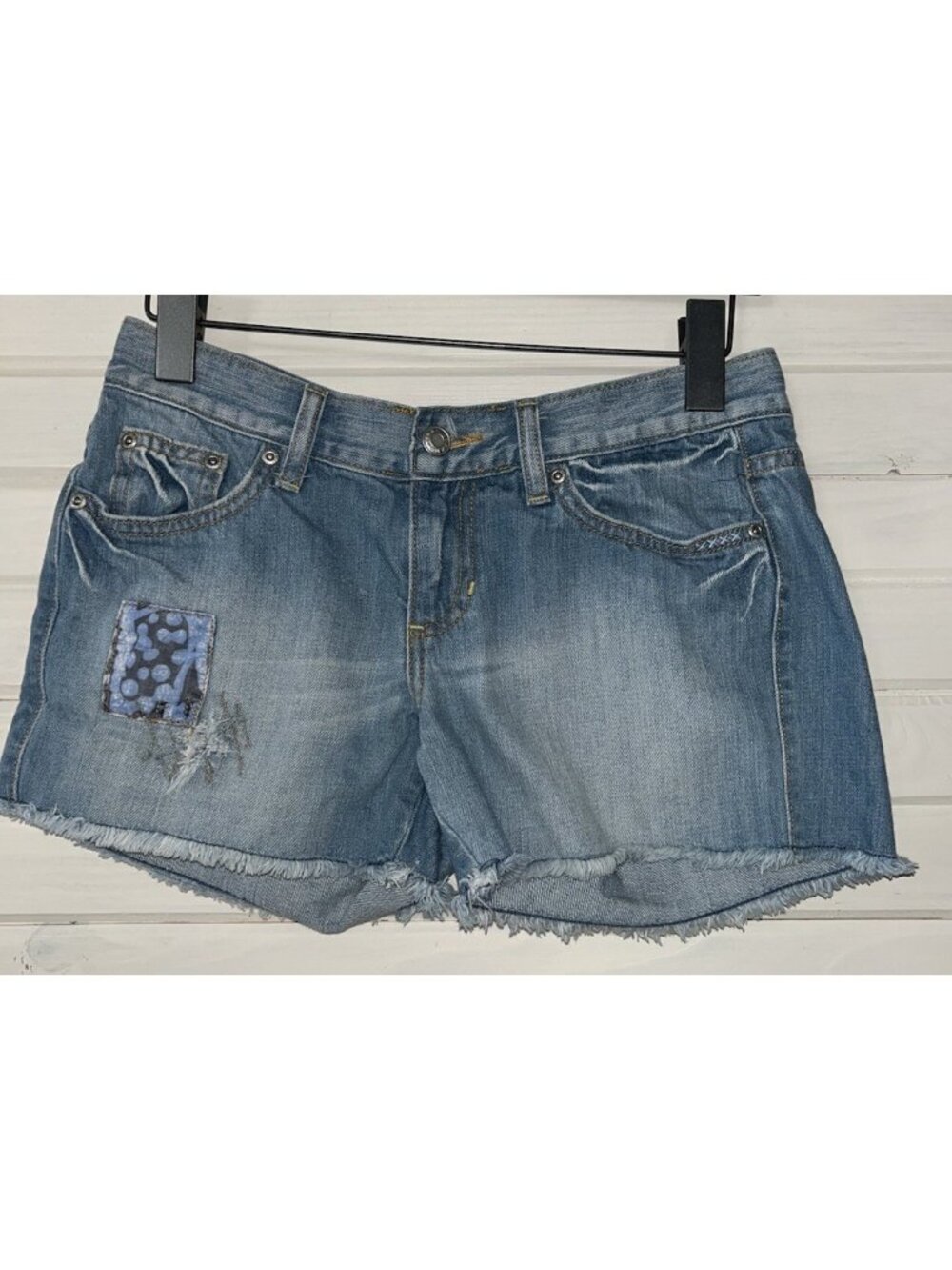 Old Navy Sz 4 Medium Wash Jean Shorts Blue Denim Ultra Low Waist Y2K Patches EUC